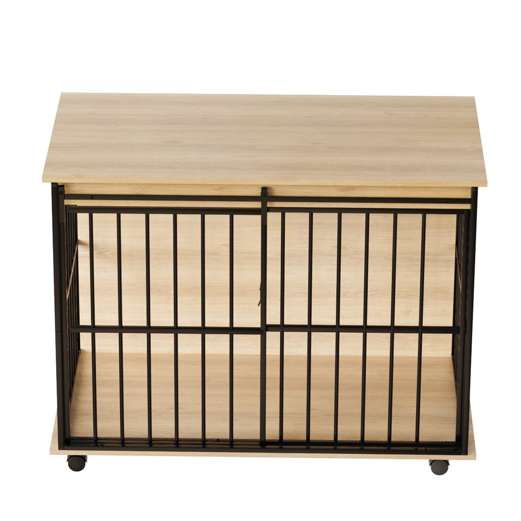 Wooden pet house with metal bars on a white background