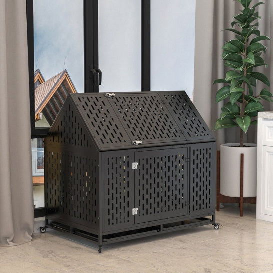 Heavy Duty Indestructible Dog Crate — 45", Pointed Roof, 2 Doors, Lockable Wheels, Escape-Proof (Black)