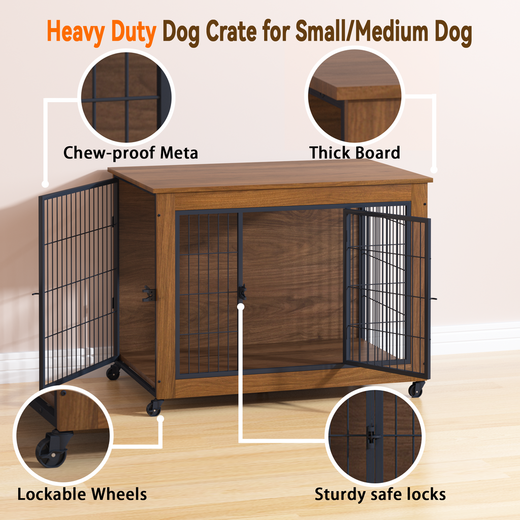 Heavy Duty Wooden Dog Crate Furniture with Wheels – Indoor Pet Kennel