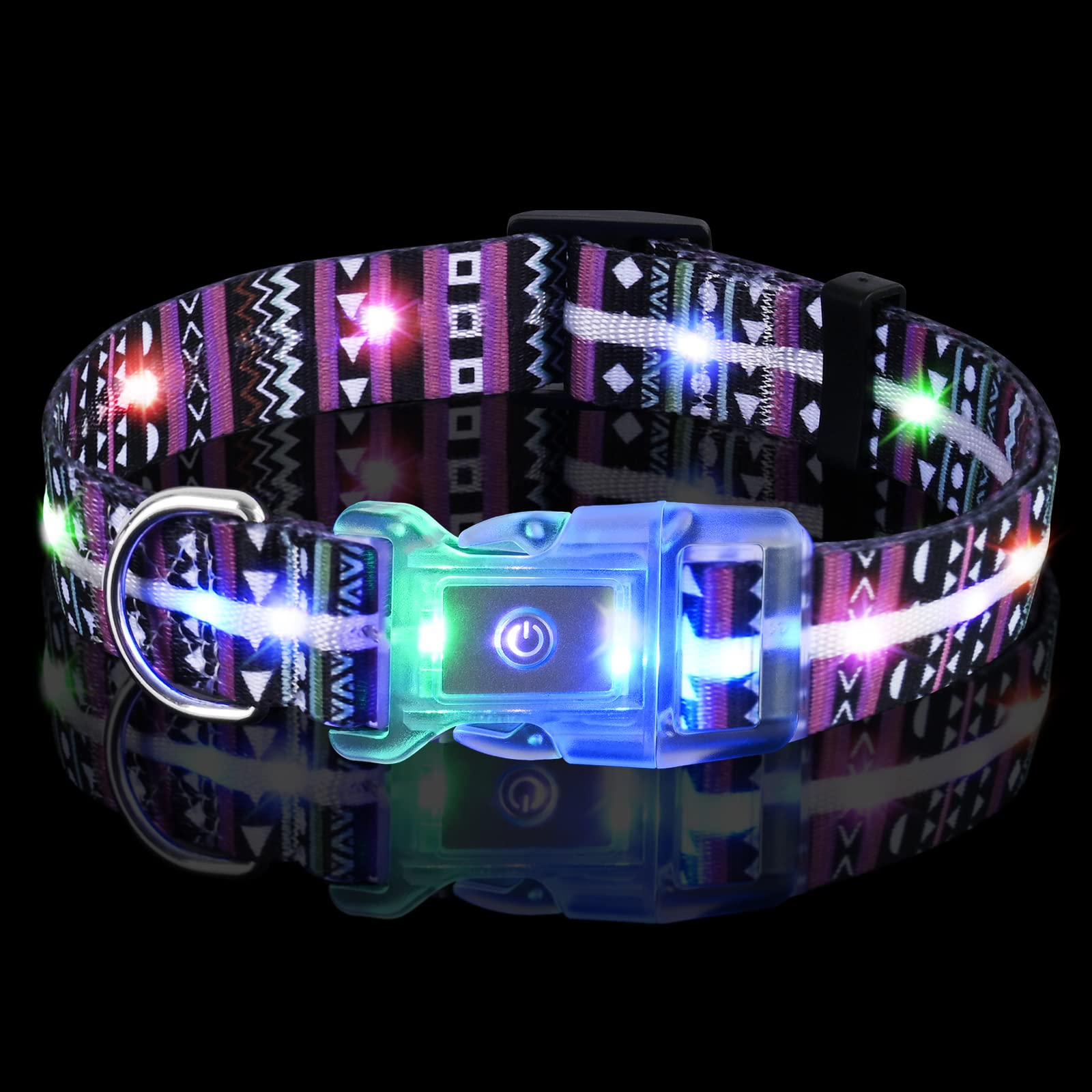 LED dog collar with colorful pattern on a black background