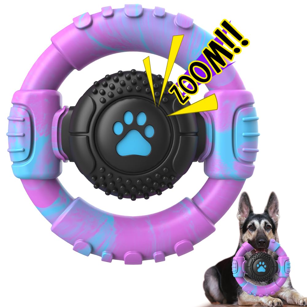 Colorful dog toy with a paw print design and a dog wearing the toy.