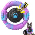 Colorful dog toy with a paw print design and a dog wearing the toy.