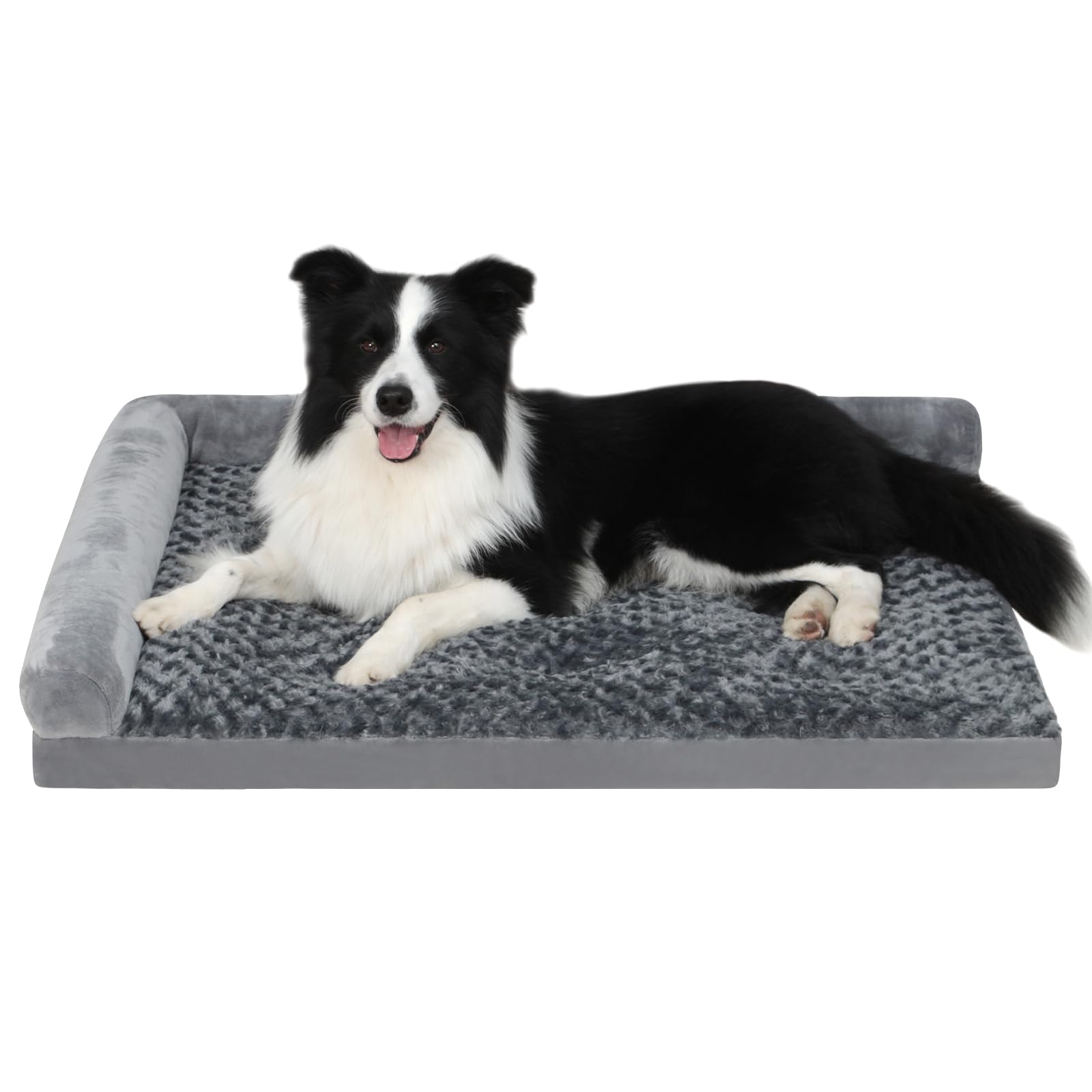 Dog lying on a gray pet bed with a white background