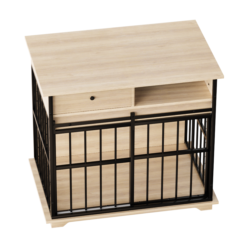 Pet cage with wooden top and sides on a white background