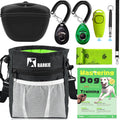 Collection of dog training equipment including a black Barkie pouch, remote collars, a leash, and a book on dog training.