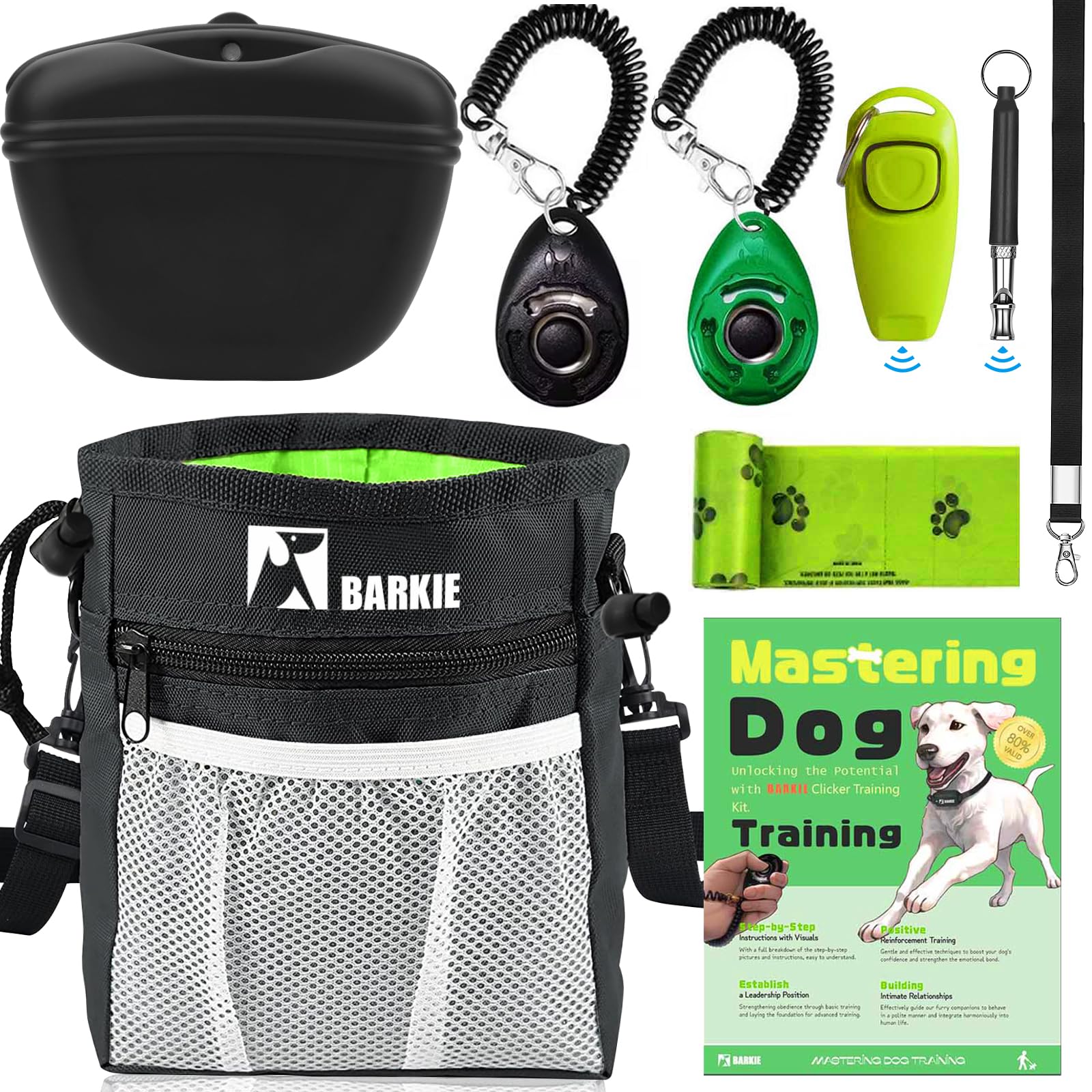 Collection of dog training equipment including a black Barkie pouch, remote collars, a leash, and a book on dog training.