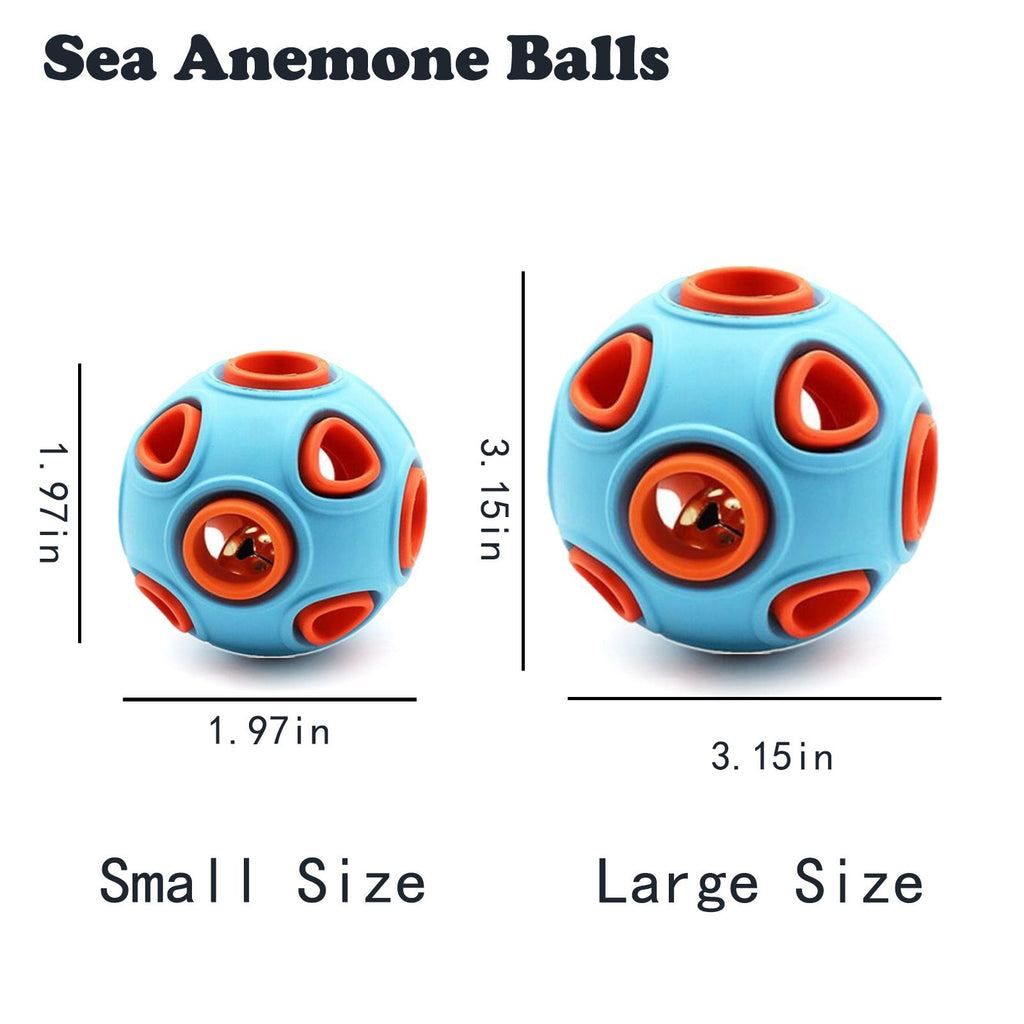 Two blue and orange 'Sea Anemone Balls' with measurements for small and large sizes on a white background.