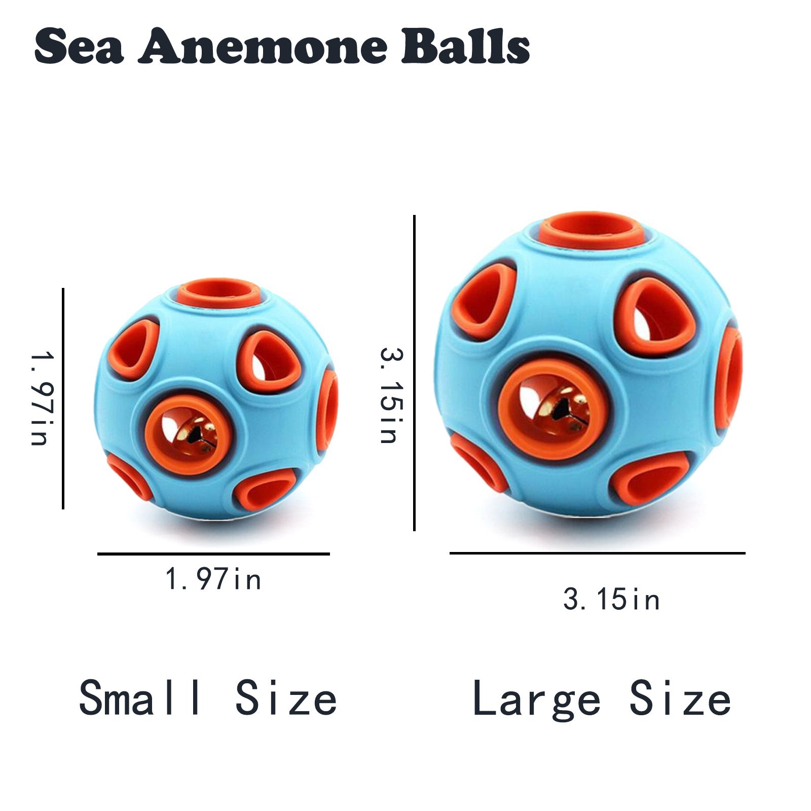Two blue and orange 'Sea Anemone Balls' with measurements for small and large sizes on a white background.