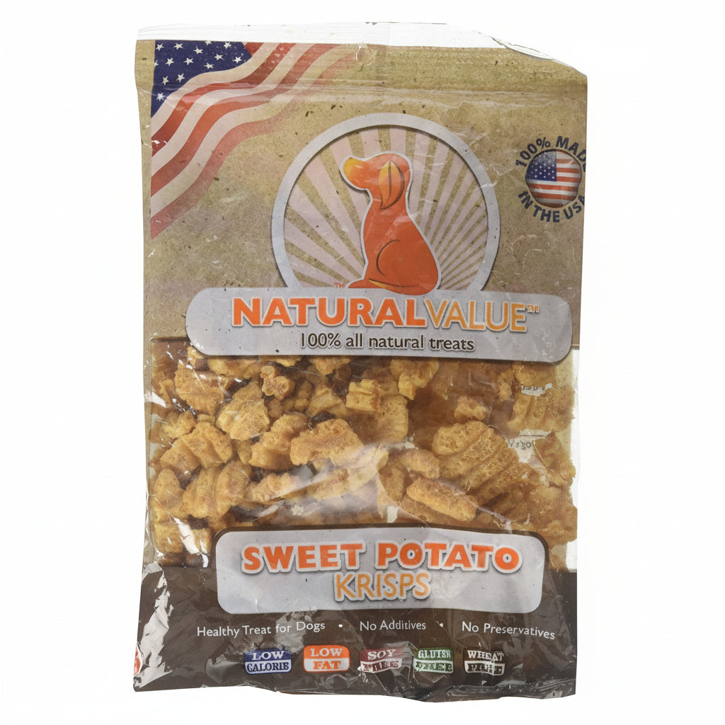 Package of Natural Value Sweet Potato Krisps dog treats with American flag background