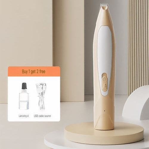 Beige and white grooming tool on a stand with a promotional card in the corner.