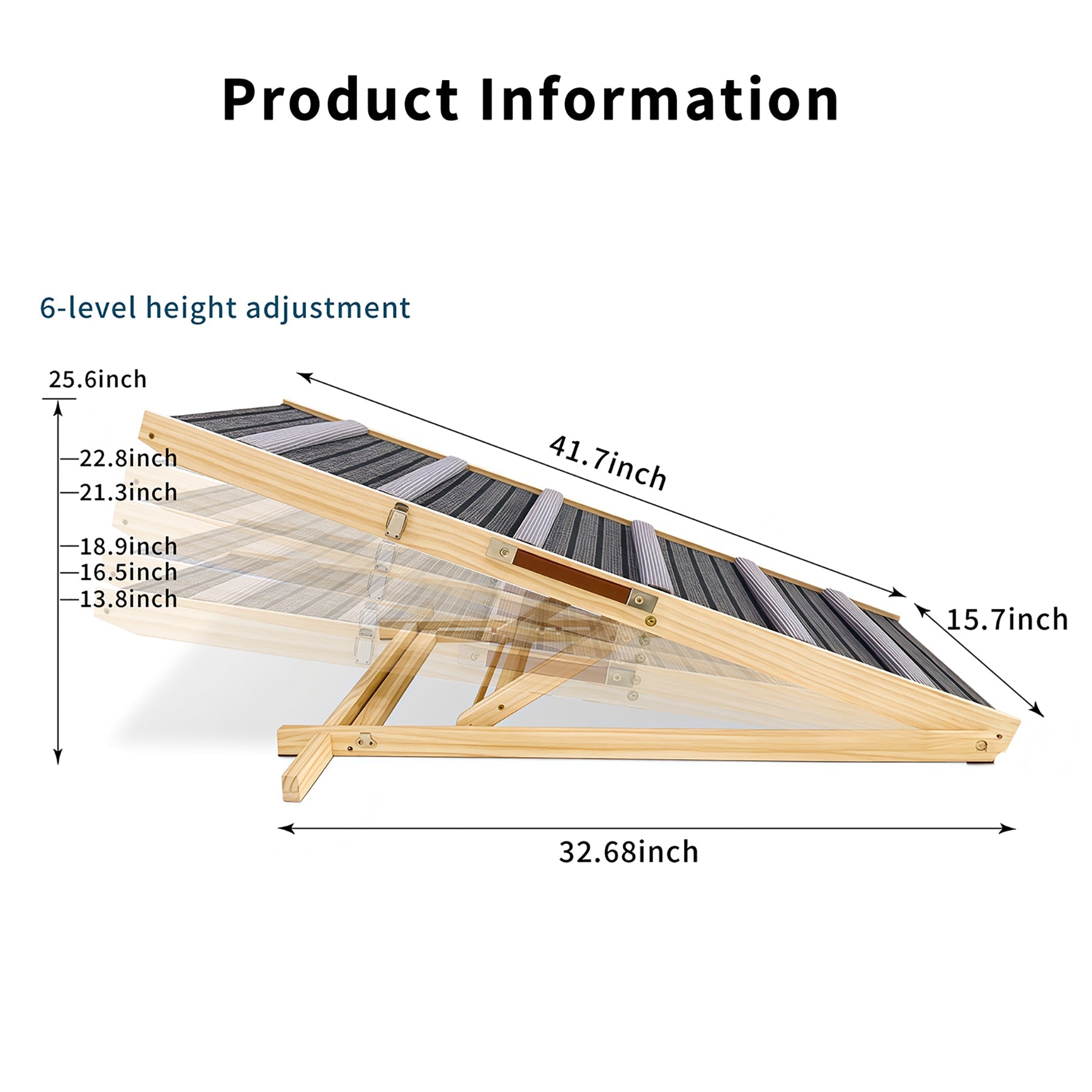 Wooden pet ramp with height adjustment levels and dimensions on a white background