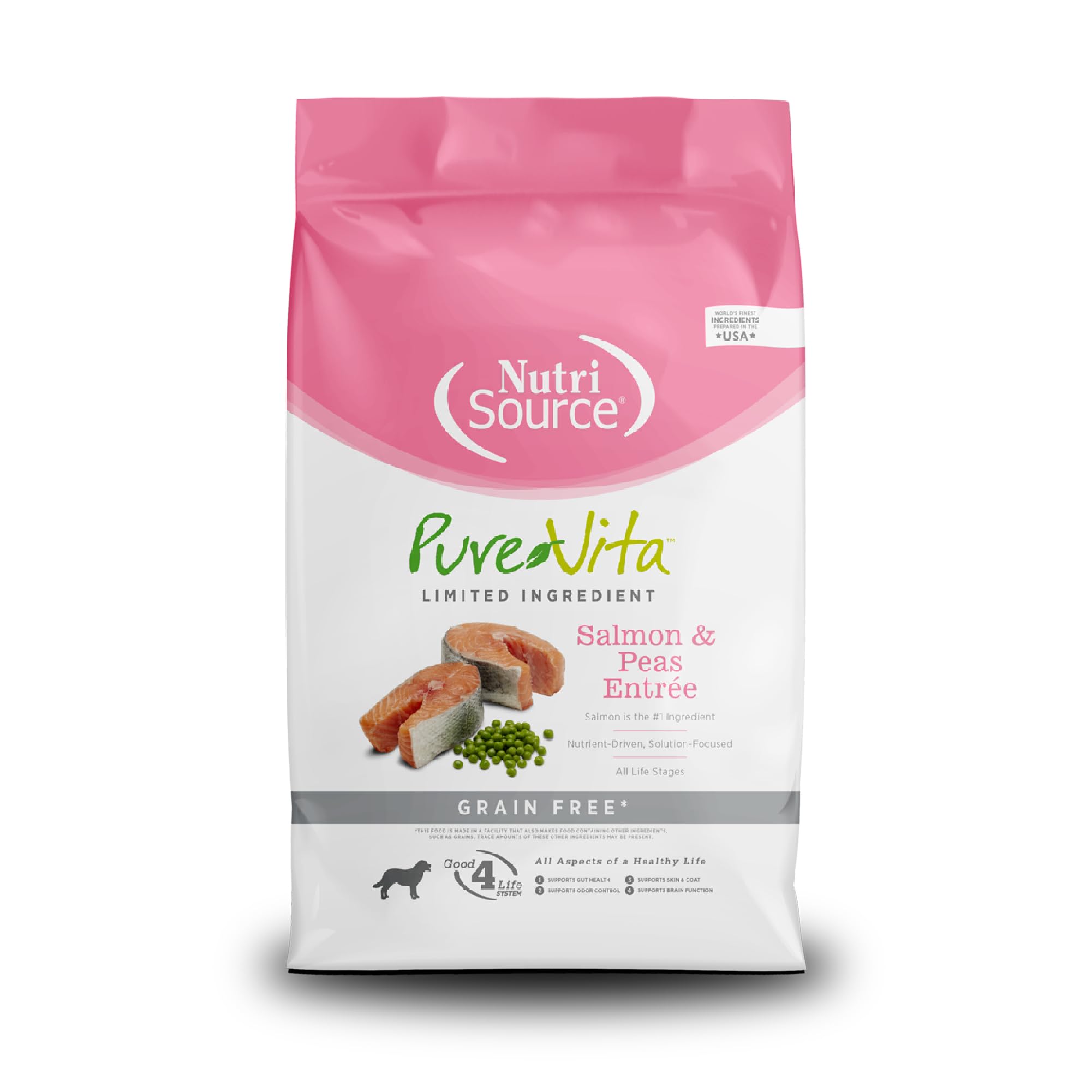 NutriSource PureVita dog food package with salmon and peas on a white background