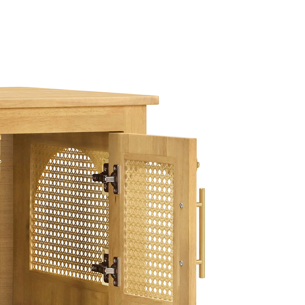 Wooden cabinet with open door showing honeycomb pattern on a white background