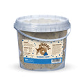Bucket of blueberry-flavored dog treats with label on a white background