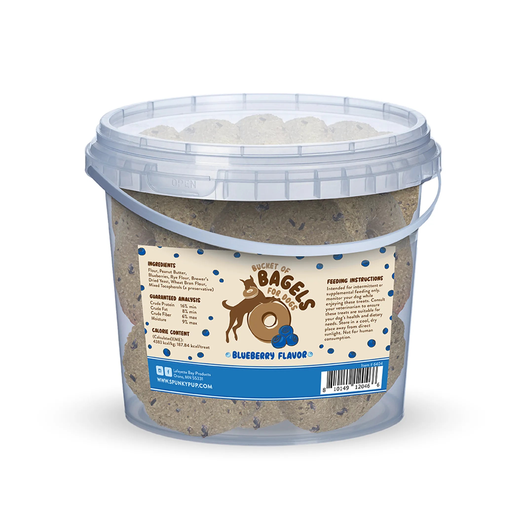 Bucket of blueberry-flavored dog treats with label on a white background