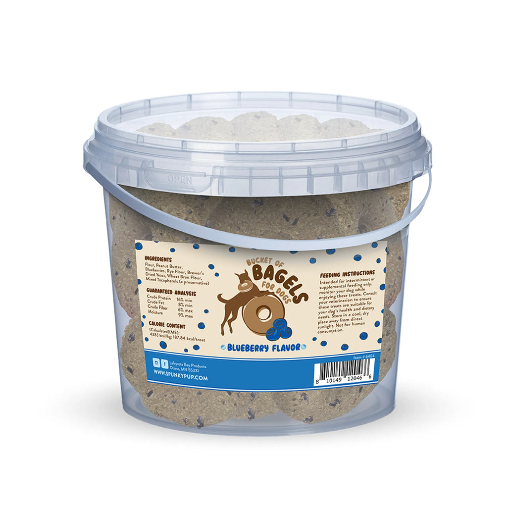 Bucket of blueberry-flavored dog treats with label on a white background
