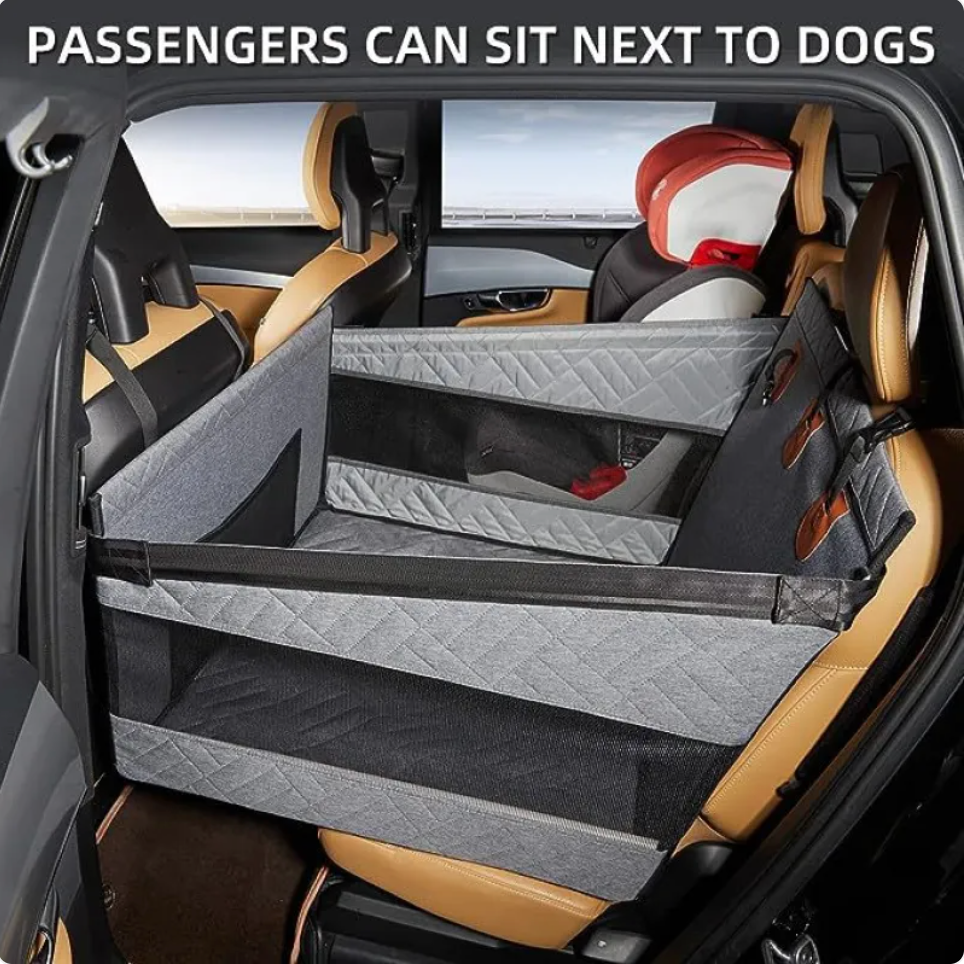Pet seat divider in a car with text 'Passengers can sit next to dogs'.