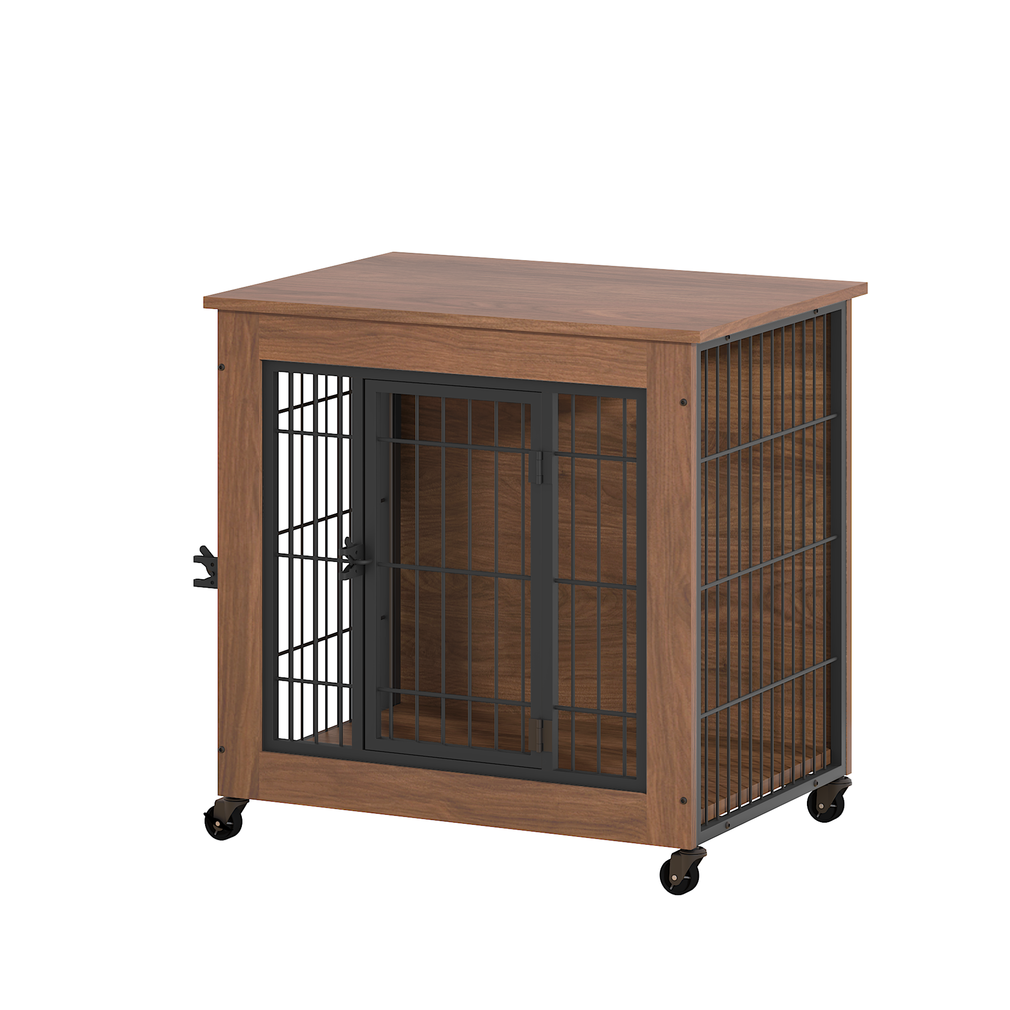 Wooden pet crate with metal grid doors on a white background