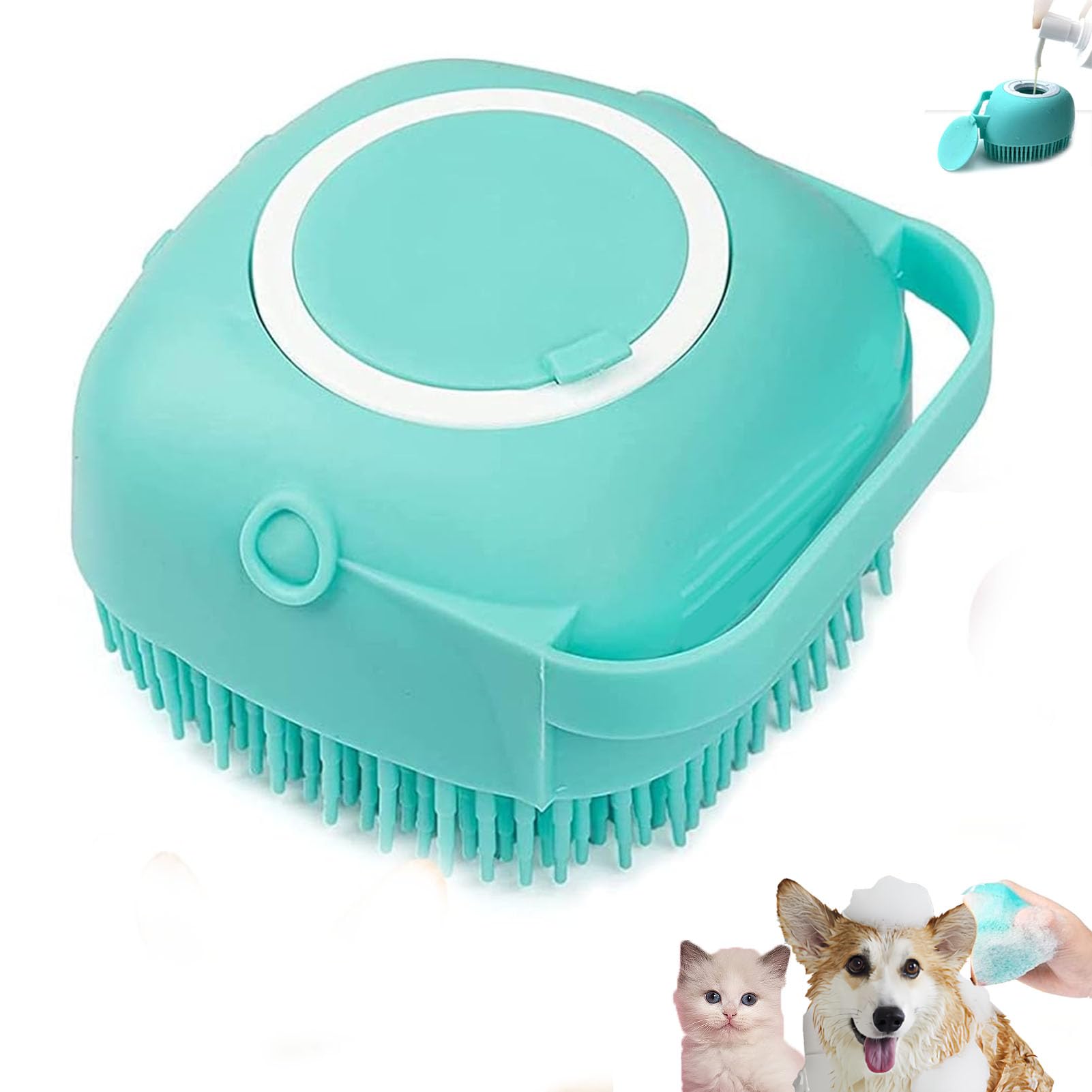 Pet grooming brush with a pump, shown with insets of a cat and dog being groomed.