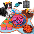 Dog playing with colorful toys on a mat, including a dog with a toy on its head.