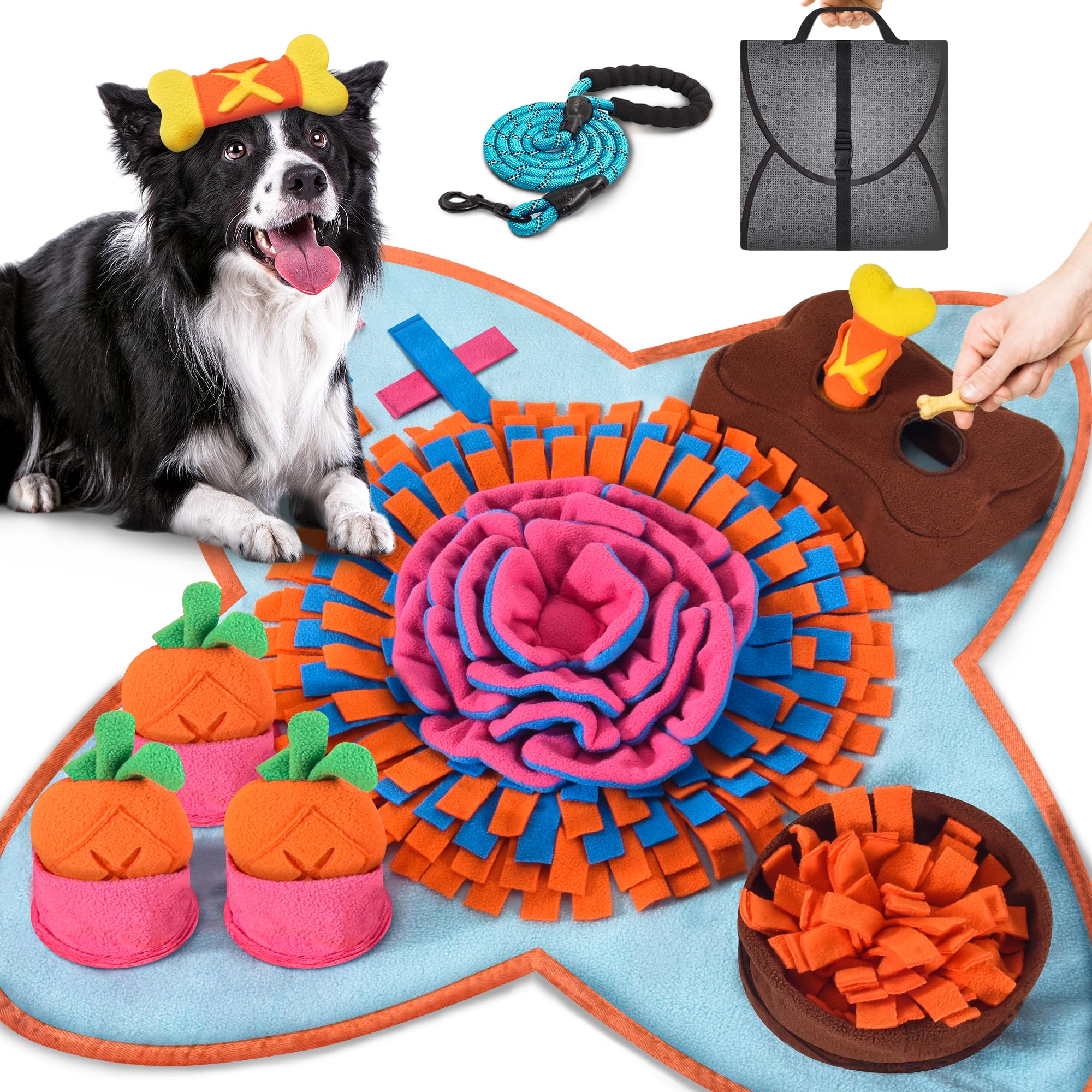 Dog playing with colorful toys on a mat, including a dog with a toy on its head.
