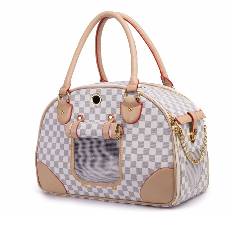 Pet carrier with checkered pattern and beige accents on a white background