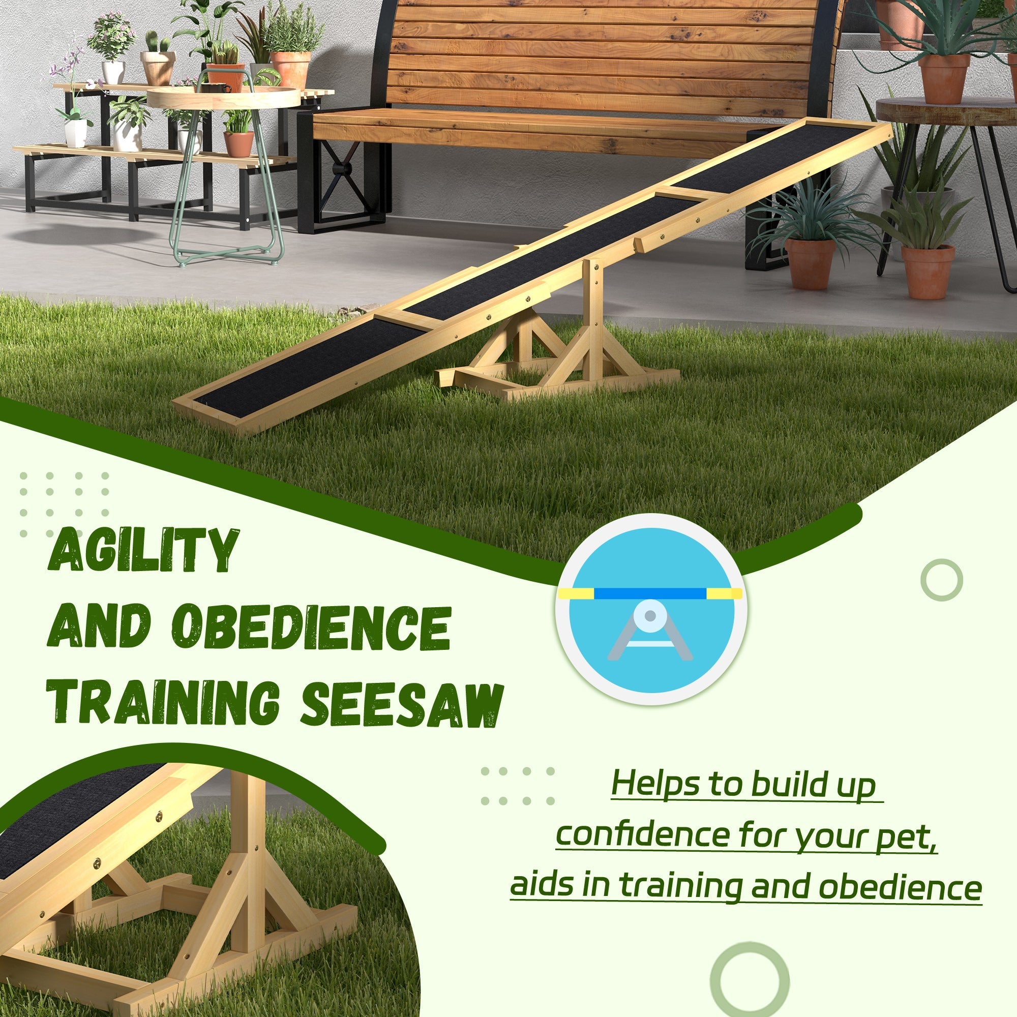 Pet agility and obedience training seesaw on grass with text about its benefits.