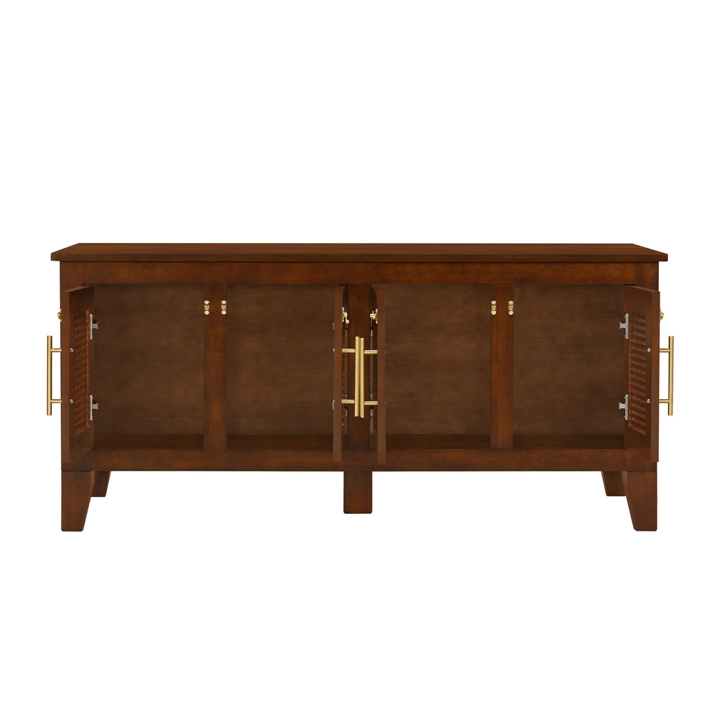 Wooden sideboard with gold handles on a white background
