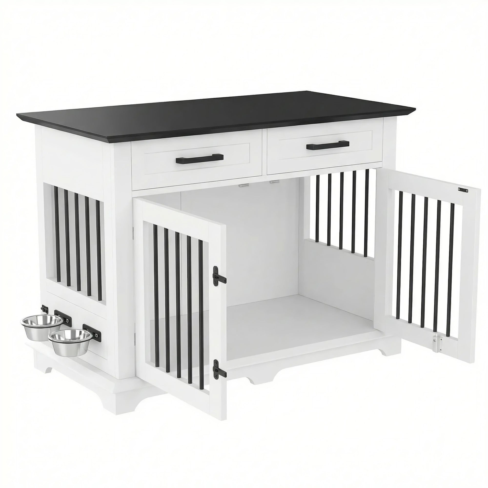 Wooden Dog Crate Furniture with Storage Drawers & Rotating Bowls – 44.48"