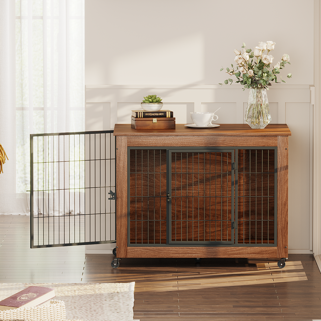 Wooden pet crate with glass doors in a home setting