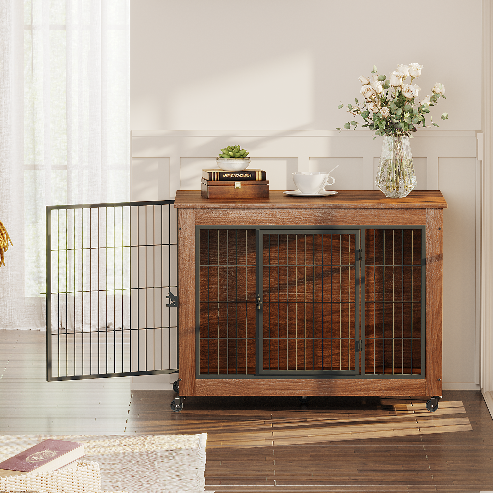 Wooden pet crate with glass doors in a home setting