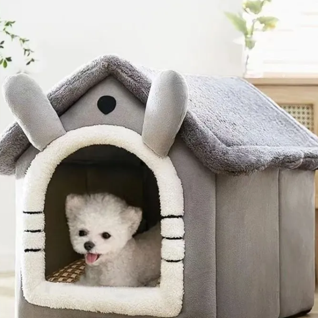 dog in cave pet bed