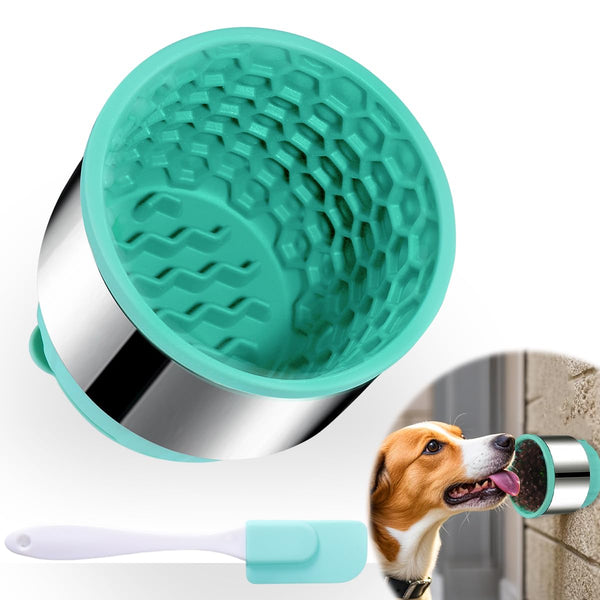 Teal dog toy with textured surface and metal handle, shown with a dog drinking from it.