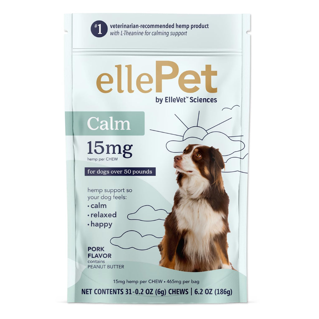  ellePet Calm dog supplement package with a dog illustration on a light blue background