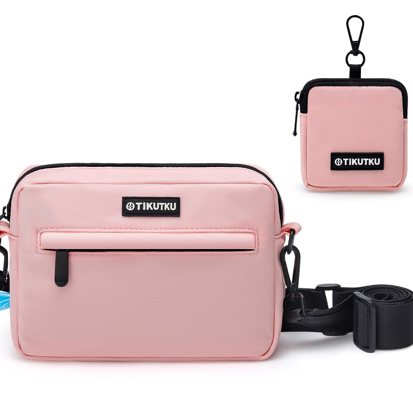 Pink crossbody bag with matching pouch on a white background, featuring TIKUTUK brand.