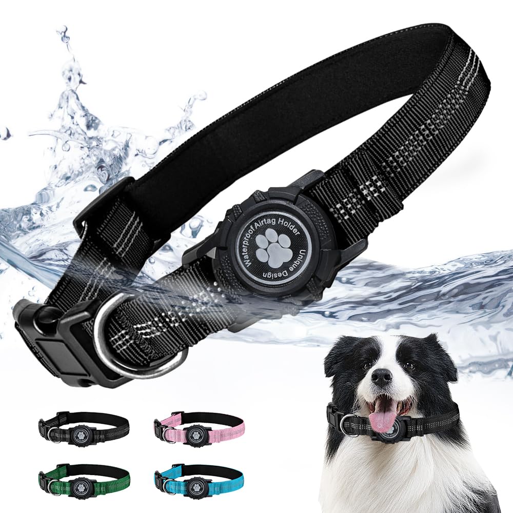 Black dog collar with water droplets and a dog wearing the collar against a white background.