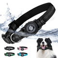 Black dog collar with water droplets and a dog wearing the collar against a white background.