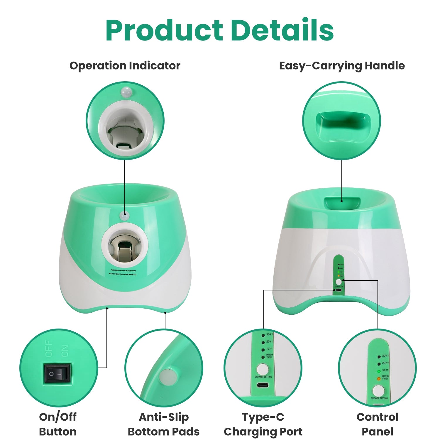 Green and white humidifier with labeled features on a white background