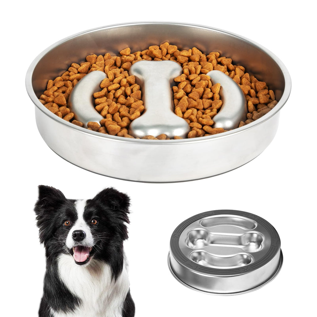 Dog food bowl with 'I love you' message made of dog food, accompanied by a dog and the bowl's base.