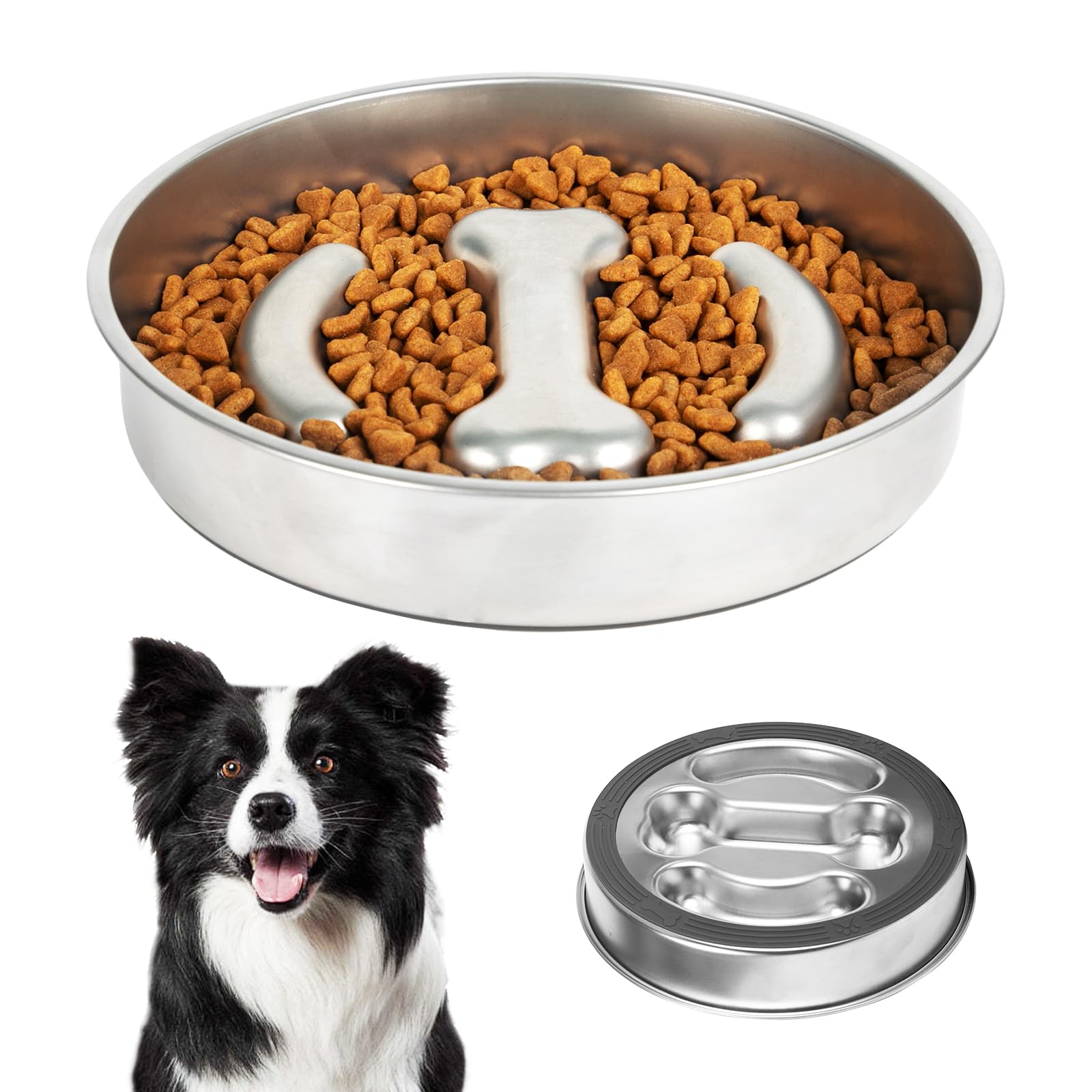 Dog food bowl with 'I love you' message made of dog food, accompanied by a dog and the bowl's base.
