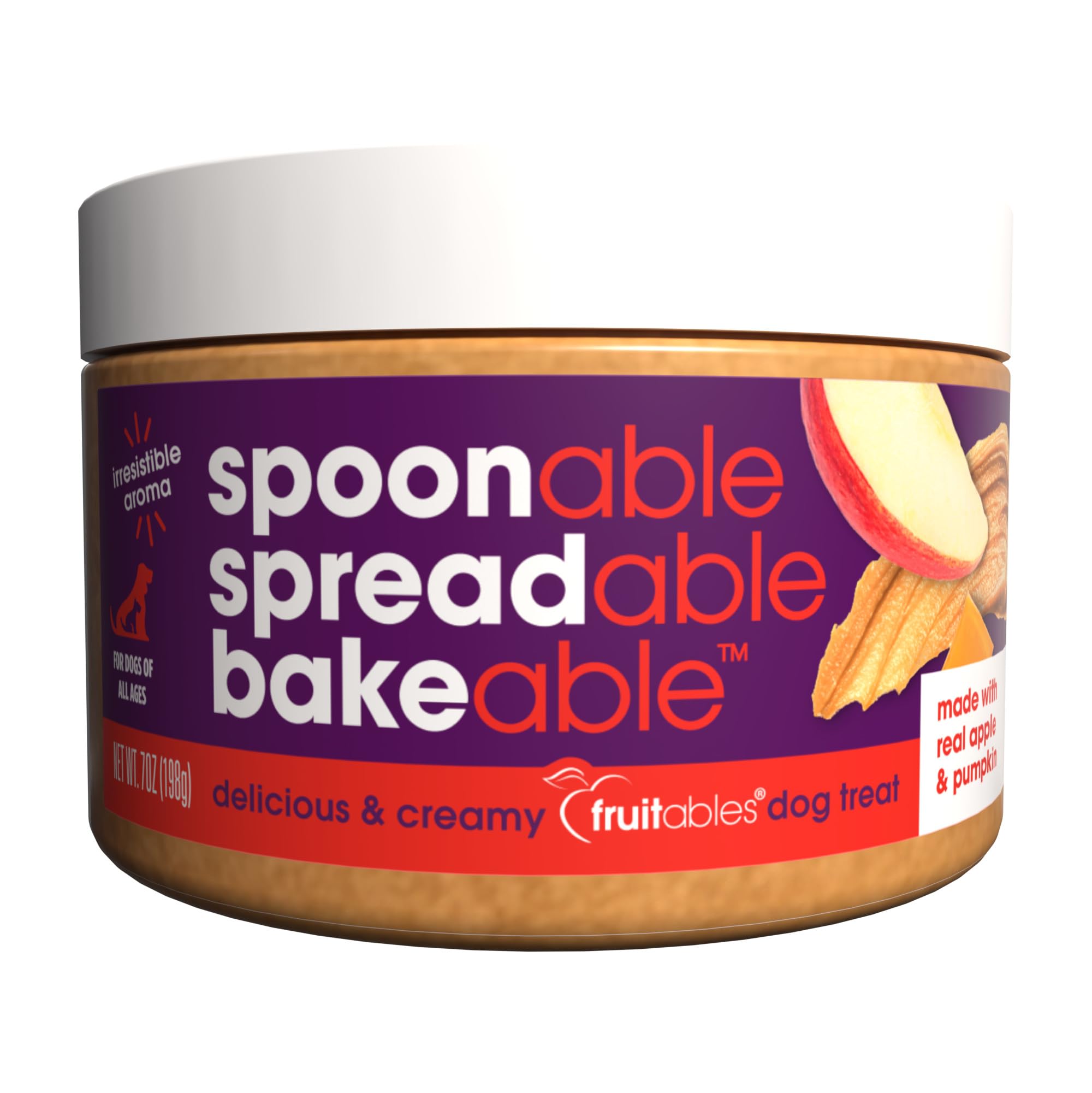 Fruitables dog treat jar with purple label on a white background