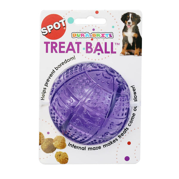Purple dog treat ball with packaging featuring Spot branding on a white background