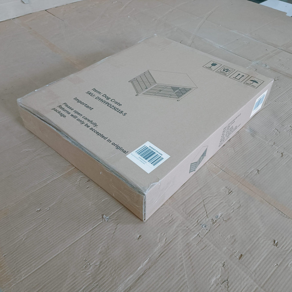 Cardboard box with a barcode on a wooden floor
