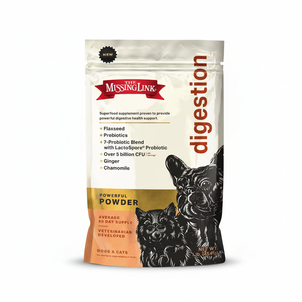 Supplement package for dogs and cats with 'The Missing Link' branding on a white background