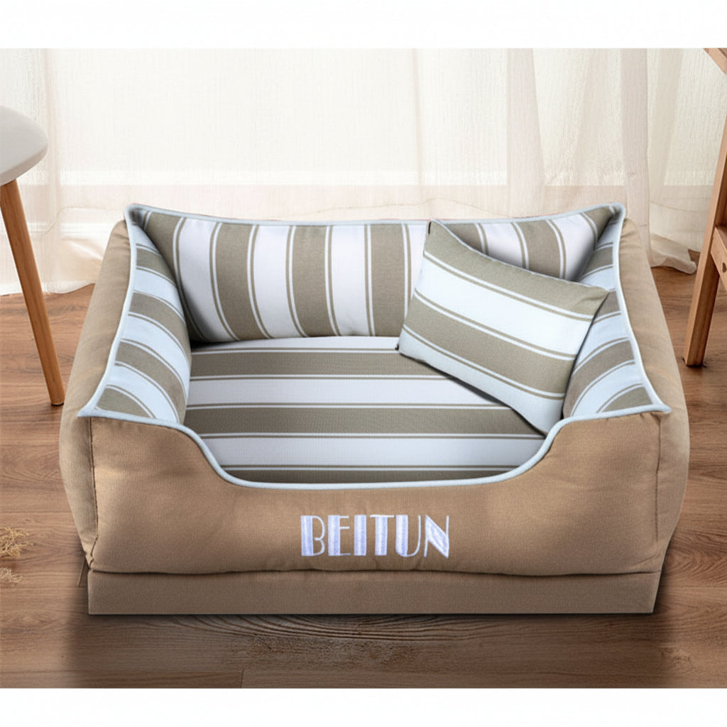 Pet bed with striped pattern and 'BEITUN' branding on a wooden floor.