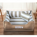 Pet bed with striped pattern and 'BEITUN' branding on a wooden floor.