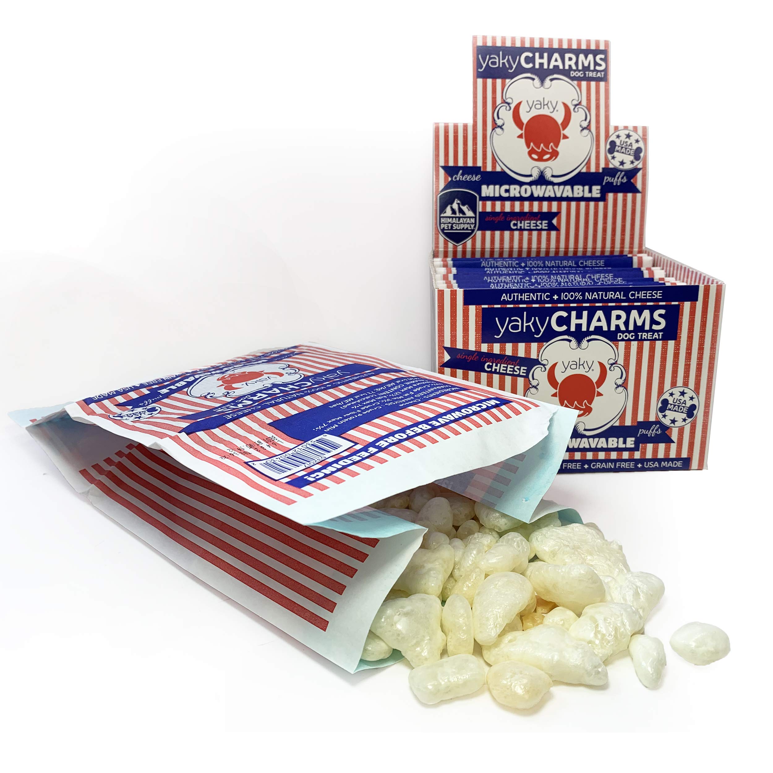 Yaky Charms cheese puffs in a red and white striped packaging with a box in the background.