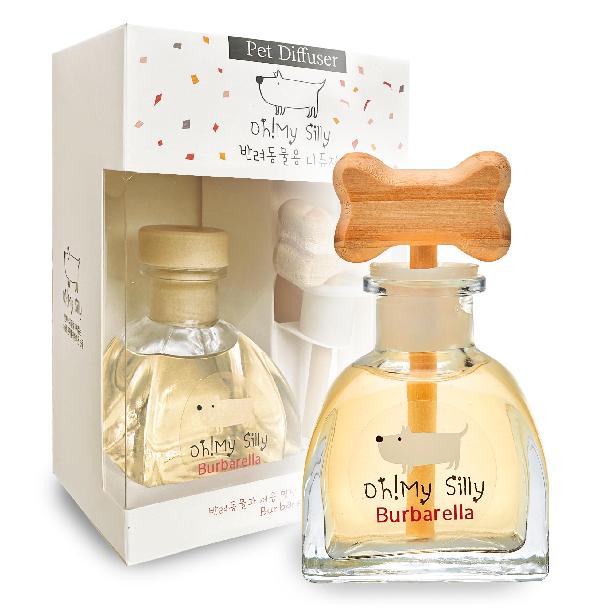 Pet diffuser with wooden atomizer and packaging labeled 'Oh! My Silly Burbarella' on a white background.