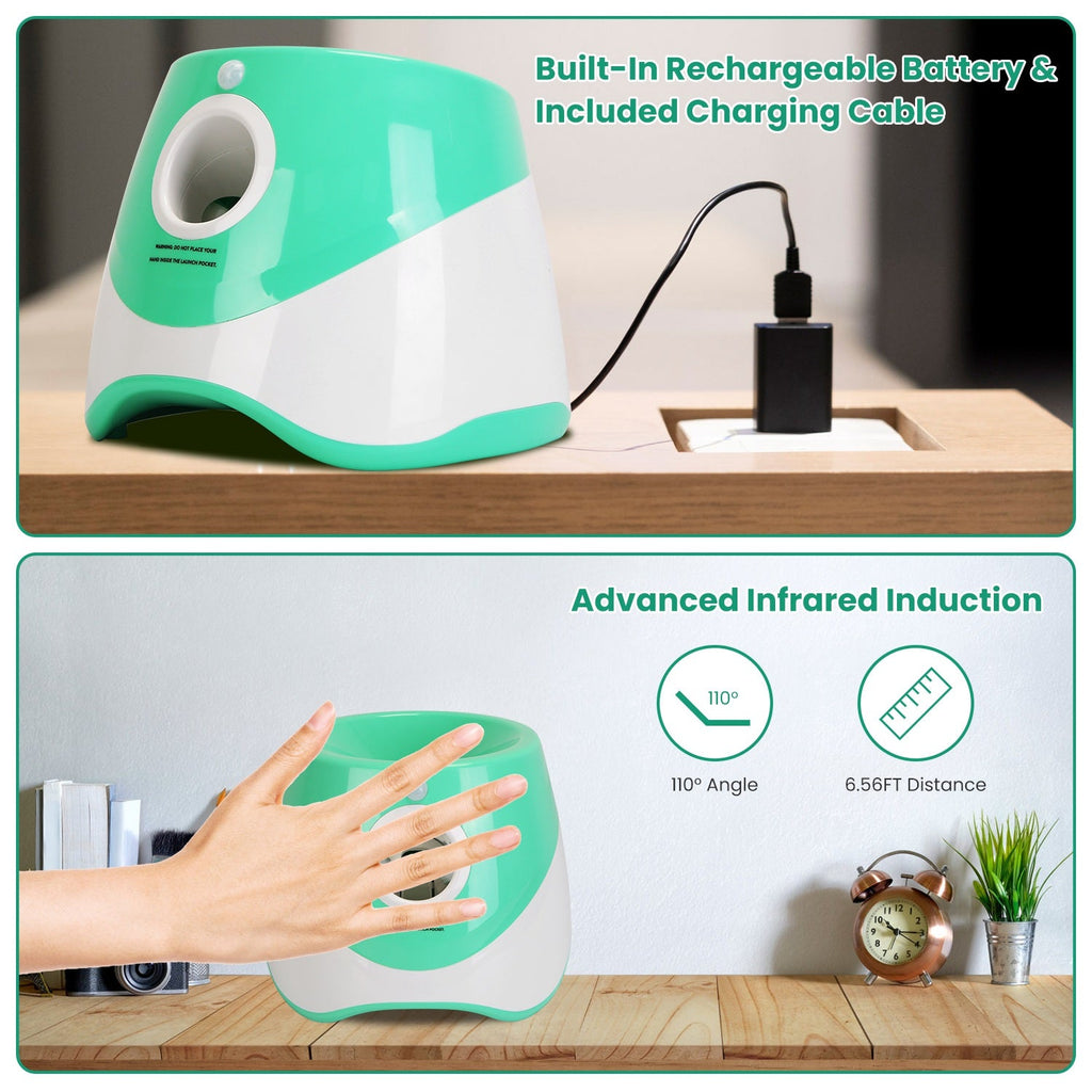 Green and white electronic device with charging cable and hand induction feature on a wooden surface.