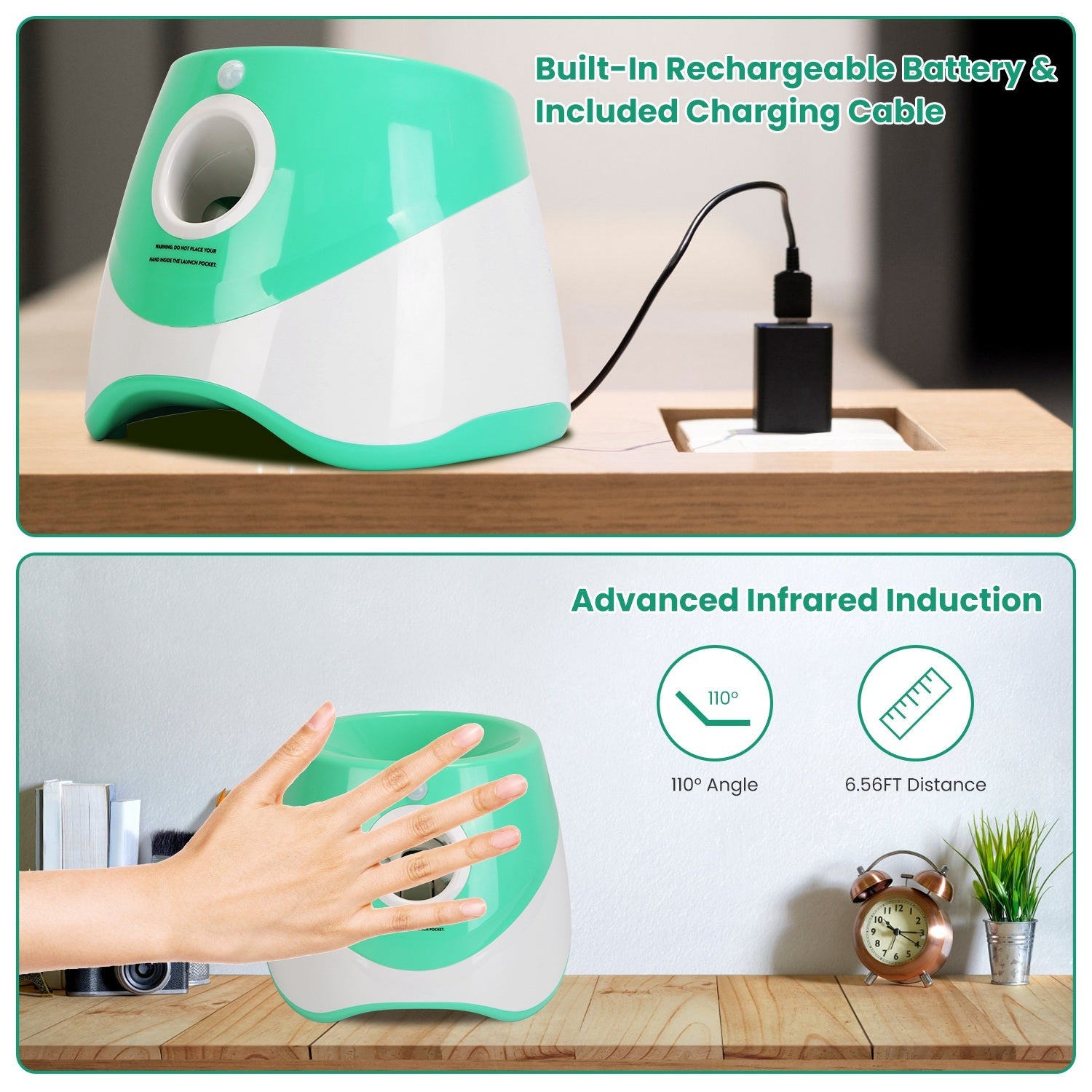 Green and white electronic device with charging cable and hand induction feature on a wooden surface.